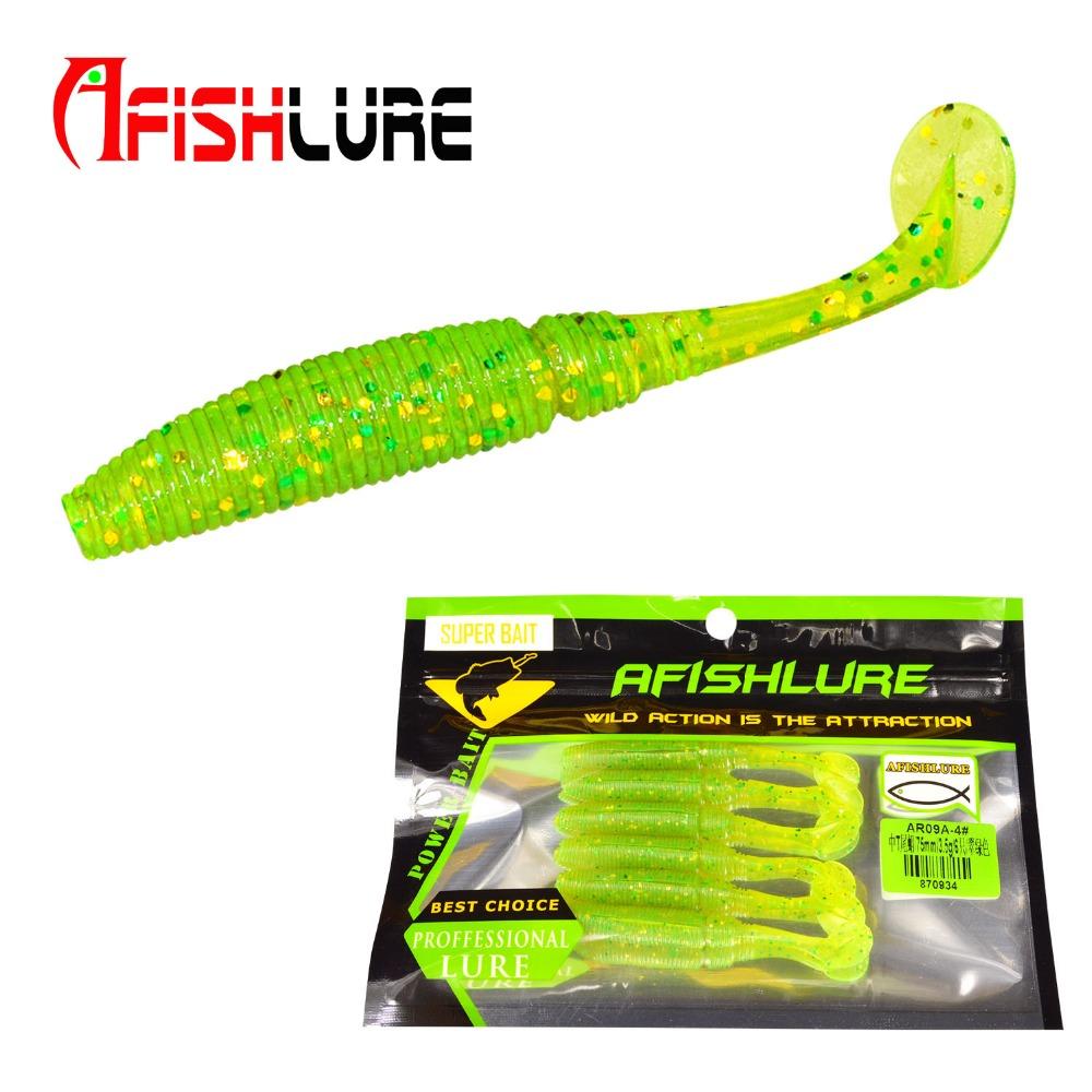 AFISHLURE 6pcs/lot T Tail Soft Worm 3.2g 75mm Paddle wobbler fishing lure for bass Fishing Bait Grub Swimbait
